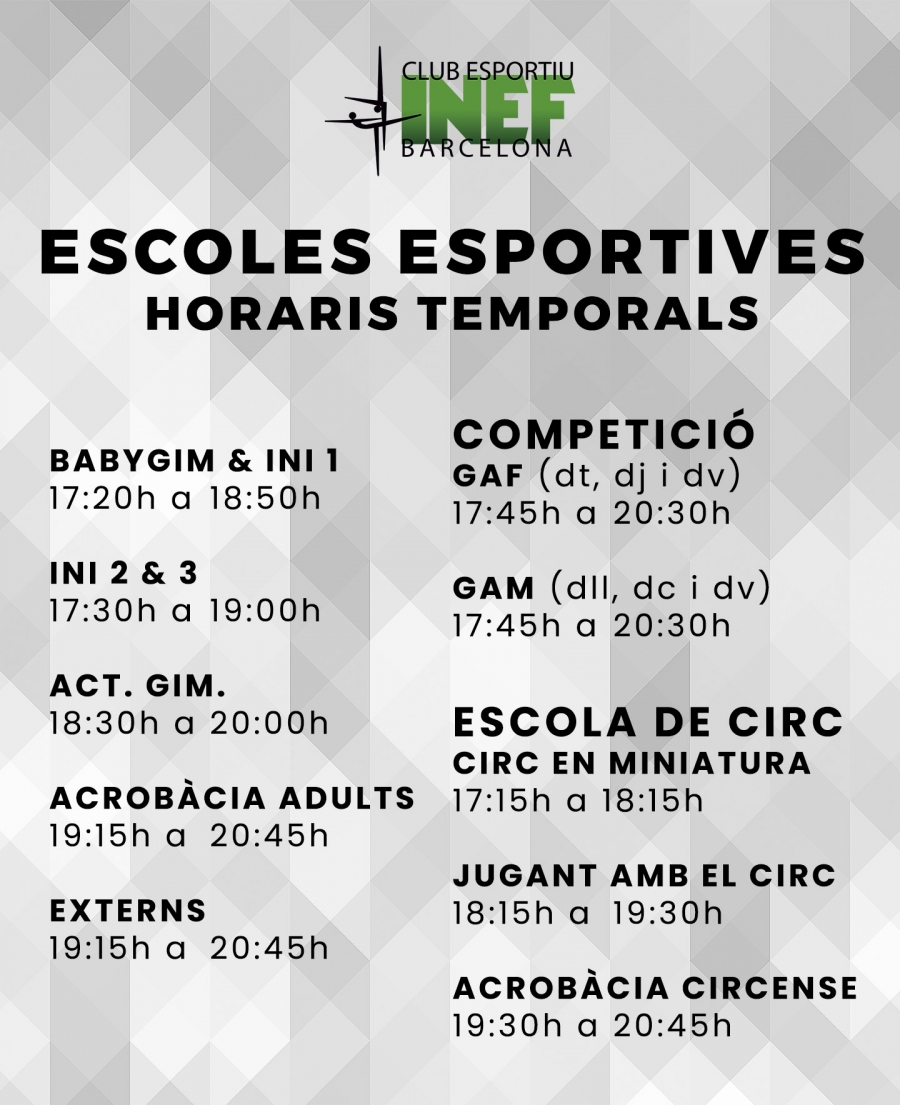 Horaris temporals de les Escoles Esportives de l&#039;INEF Barcelona